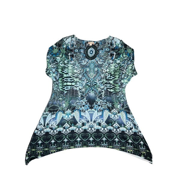 World Unity Top Blue Green Paisley Print Rhinestone V-Neck 3/4 Sleeve Tunic XXL - Picture 7 of 9
